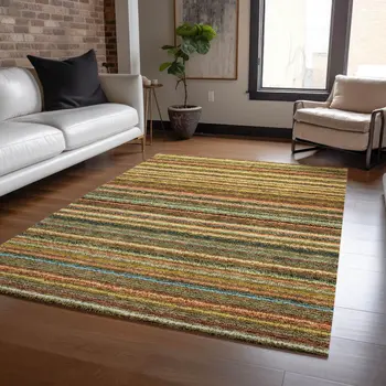 10' X 14' Coral Gold And Green Striped Washable Indoor Outdoor Area Rug