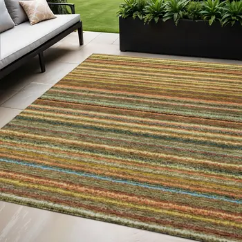 5' X 8' Gold Beige And Wheat Striped Washable Indoor Outdoor Area Rug