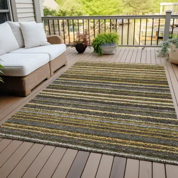 5' X 8' Gold Beige And Wheat Striped Washable Indoor Outdoor Area Rug