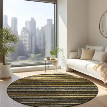 8' Gold Beige And Wheat Round Striped Washable Indoor Outdoor Area Rug