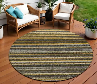 8' Gold Beige And Wheat Round Striped Washable Indoor Outdoor Area Rug