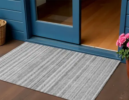 3' X 5' Gray Silver And Charcoal Striped Washable Indoor Outdoor Area Rug