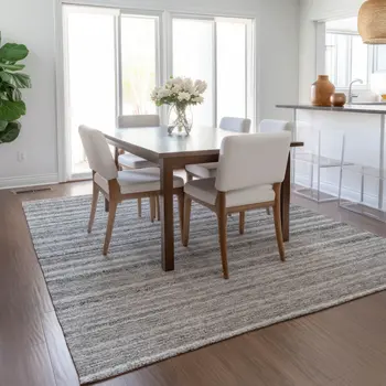 5' X 8' Gray Silver And Charcoal Striped Washable Indoor Outdoor Area Rug