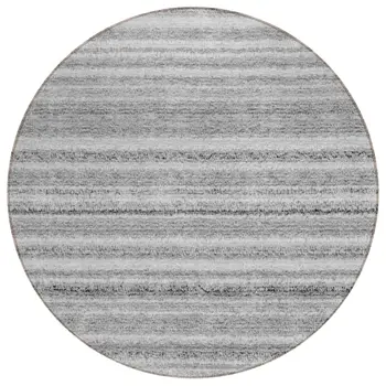 8' Gray Silver And Charcoal Round Striped Washable Indoor Outdoor Area Rug