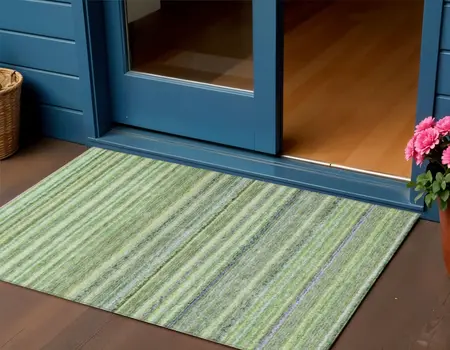 3' X 5' Artichoke Green And Olive Green Striped Washable Indoor Outdoor Area Rug