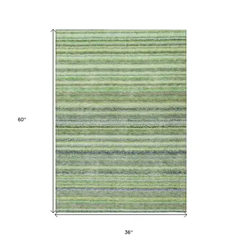 3' X 5' Artichoke Green And Olive Green Striped Washable Indoor Outdoor Area Rug