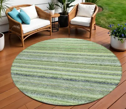 8' Artichoke Green And Olive Green Round Striped Washable Indoor Outdoor Area Rug