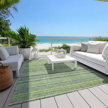 9' X 12' Artichoke Green And Olive Green Striped Washable Indoor Outdoor Area Rug