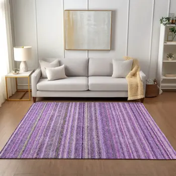 3' X 5' Purple Eggplant And Lilac Striped Washable Indoor Outdoor Area Rug