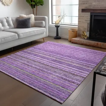 8' X 10' Purple Eggplant And Lilac Striped Washable Indoor Outdoor Area Rug