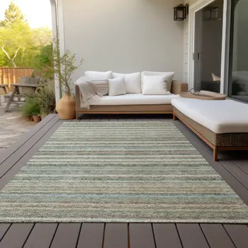 5' X 8' Sage Mint Green And Beige Striped Washable Indoor Outdoor Area Rug