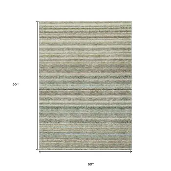 5' X 8' Sage Mint Green And Beige Striped Washable Indoor Outdoor Area Rug