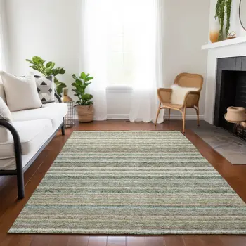 5' X 8' Sage Mint Green And Beige Striped Washable Indoor Outdoor Area Rug