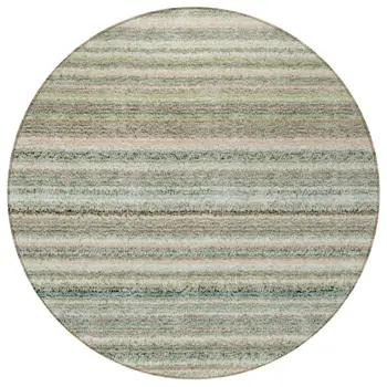 8' Sage Mint Green And Beige Round Striped Washable Indoor Outdoor Area Rug