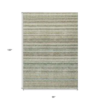 8' X 10' Sage Mint Green And Beige Striped Washable Indoor Outdoor Area Rug