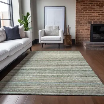 8' X 10' Sage Mint Green And Beige Striped Washable Indoor Outdoor Area Rug