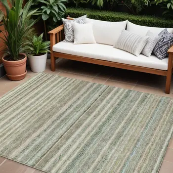 10' X 14' Sage Mint Green And Beige Striped Washable Indoor Outdoor Area Rug