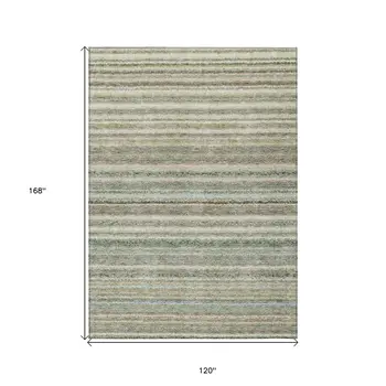 10' X 14' Sage Mint Green And Beige Striped Washable Indoor Outdoor Area Rug