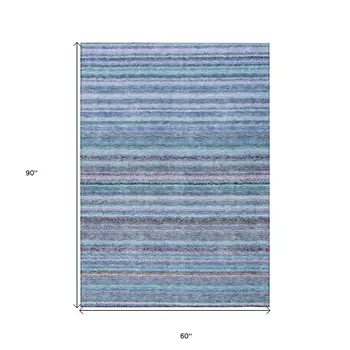 5' X 8' Sky Blue And Navy Blue Striped Washable Indoor Outdoor Area Rug