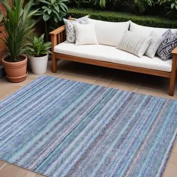 8' X 10' Sky Blue And Navy Blue Striped Washable Indoor Outdoor Area Rug