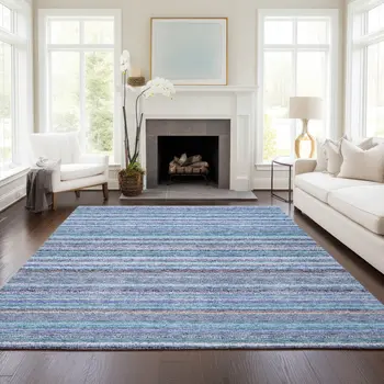 8' X 10' Sky Blue And Navy Blue Striped Washable Indoor Outdoor Area Rug