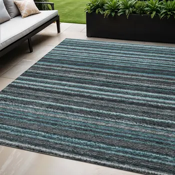 5' X 8' Teal Blue Sky Blue And Gray Striped Washable Indoor Outdoor Area Rug