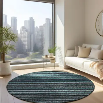 8' Teal Blue Sky Blue And Gray Round Striped Washable Indoor Outdoor Area Rug