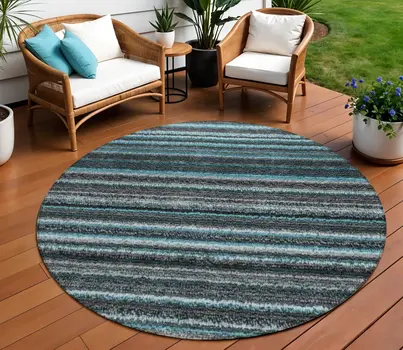 8' Teal Blue Sky Blue And Gray Round Striped Washable Indoor Outdoor Area Rug