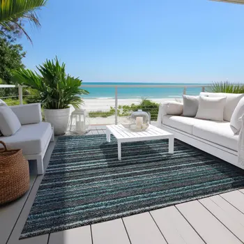 9' X 12' Teal Blue Sky Blue And Gray Striped Washable Indoor Outdoor Area Rug