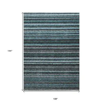 9' X 12' Teal Blue Sky Blue And Gray Striped Washable Indoor Outdoor Area Rug