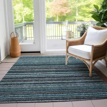 9' X 12' Teal Blue Sky Blue And Gray Striped Washable Indoor Outdoor Area Rug