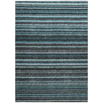 10' X 14' Teal Blue Sky Blue And Gray Striped Washable Indoor Outdoor Area Rug