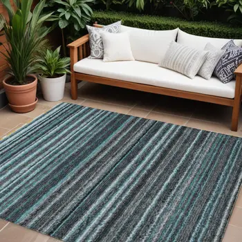 10' X 14' Teal Blue Sky Blue And Gray Striped Washable Indoor Outdoor Area Rug