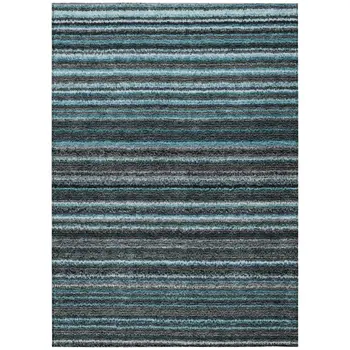 10' X 14' Teal Blue Sky Blue And Gray Striped Washable Indoor Outdoor Area Rug