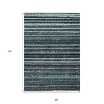 10' X 14' Teal Blue Sky Blue And Gray Striped Washable Indoor Outdoor Area Rug