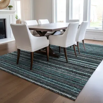 10' X 14' Teal Blue Sky Blue And Gray Striped Washable Indoor Outdoor Area Rug
