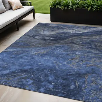 5' X 8' Denim Blue And Sky Blue Abstract Washable Indoor Outdoor Area Rug