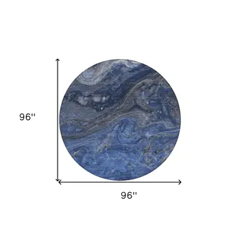 8' Denim Blue And Sky Blue Round Abstract Washable Indoor Outdoor Area Rug
