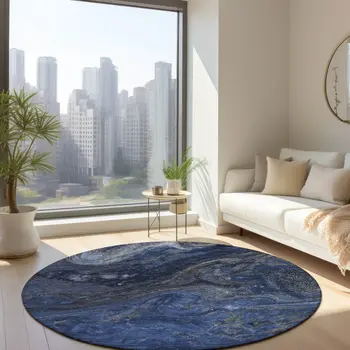 8' Denim Blue And Sky Blue Round Abstract Washable Indoor Outdoor Area Rug