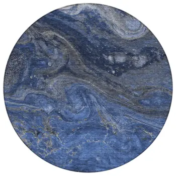 8' Denim Blue And Sky Blue Round Abstract Washable Indoor Outdoor Area Rug