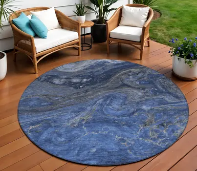 8' Denim Blue And Sky Blue Round Abstract Washable Indoor Outdoor Area Rug