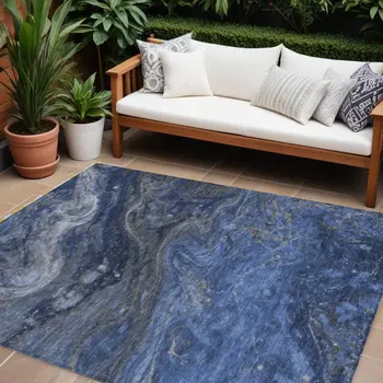 8' X 10' Denim Blue And Sky Blue Abstract Washable Indoor Outdoor Area Rug