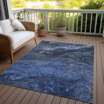 8' X 10' Denim Blue And Sky Blue Abstract Washable Indoor Outdoor Area Rug