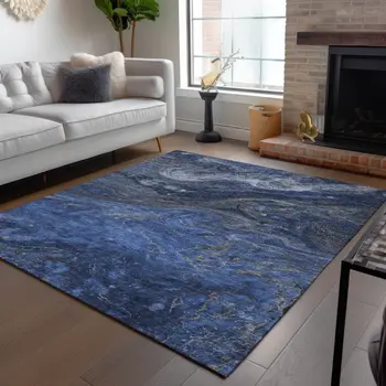 8' X 10' Denim Blue And Sky Blue Abstract Washable Indoor Outdoor Area Rug