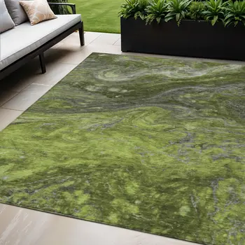 5' X 8' Olive Green And Lime Green Abstract Washable Indoor Outdoor Area Rug