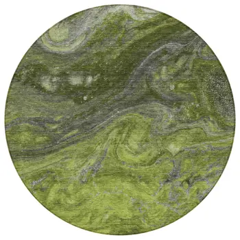 8' Olive Green And Lime Green Round Abstract Washable Indoor Outdoor Area Rug