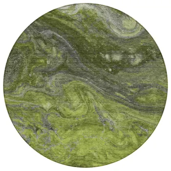 8' Olive Green And Lime Green Round Abstract Washable Indoor Outdoor Area Rug