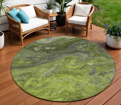 8' Olive Green And Lime Green Round Abstract Washable Indoor Outdoor Area Rug