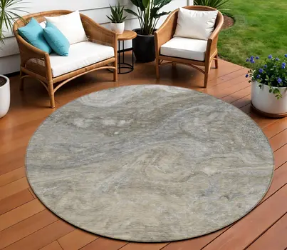 8' Taupe Beige And Ivory Round Abstract Washable Indoor Outdoor Area Rug