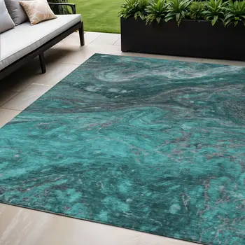 5' X 8' Teal Blue Aqua And Gray Abstract Washable Indoor Outdoor Area Rug